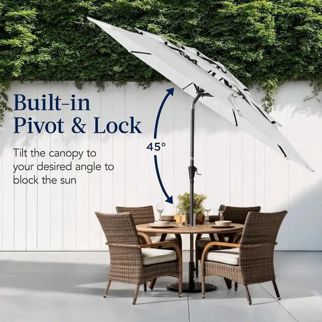 Alt view image 5 of 7 - 10ft 3-Tier Market Patio Umbrella, Outdoor Sun Shade with Tilt, Crank Lift, 8 Ribs for Backyard, Deck, Poolside Fog Gray