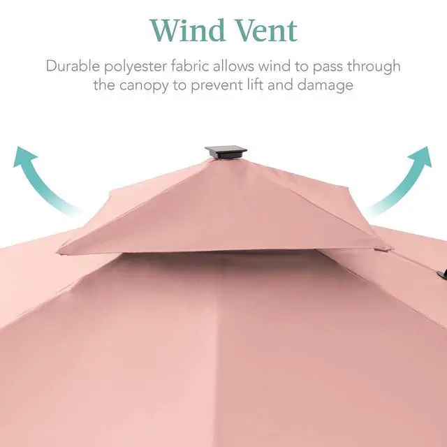 Alt view image 6 of 7 - 10x10ft Cantilever Patio Umbrella w/Base Included, Solar LED Lights 360 Rotation Large Offset Hanging Outdoor Shade for Deck Pool Backyard w/Stand Rose Quartz