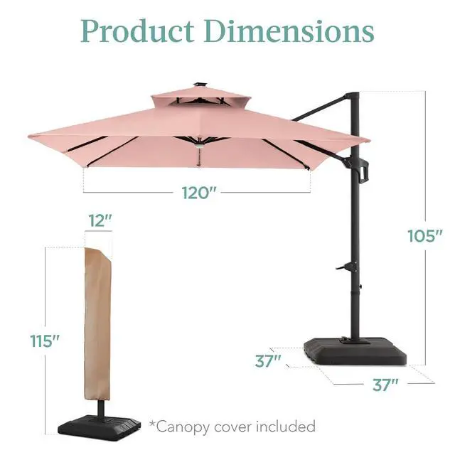 Alt view image 7 of 7 - 10x10ft Cantilever Patio Umbrella w/Base Included, Solar LED Lights 360 Rotation Large Offset Hanging Outdoor Shade for Deck Pool Backyard w/Stand Rose Quartz