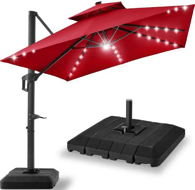 Main image of 9x12ft LED Cantilever Patio Umbrella w/Base Included & 360° Rotation, Large Solar Offset Hanging Outdoor Sun Shade for Deck, Backyard Table w/Stand & Lights Red