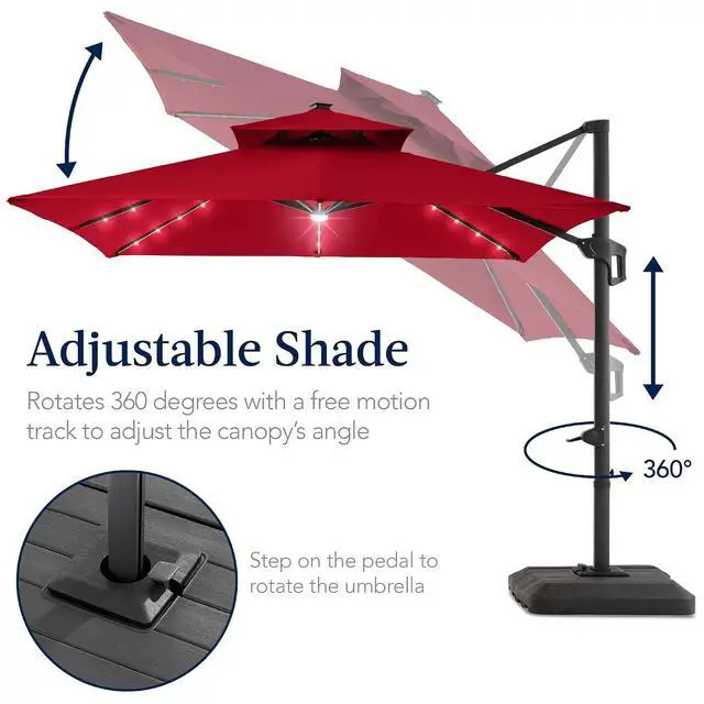 Alt view image 5 of 7 - 12x12ft LED Cantilever Patio Umbrella w/Base Included & 360° Rotation, Large Solar Offset Hanging Outdoor Sun Shade for Deck, Backyard Table w/Stand & Lights Red