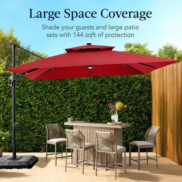 Alt view image 4 of 7 - 12x12ft LED Cantilever Patio Umbrella w/Base Included & 360° Rotation, Large Solar Offset Hanging Outdoor Sun Shade for Deck, Backyard Table w/Stand & Lights Red