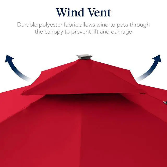 Alt view image 7 of 7 - 12x12ft LED Cantilever Patio Umbrella w/Base Included & 360° Rotation, Large Solar Offset Hanging Outdoor Sun Shade for Deck, Backyard Table w/Stand & Lights Red