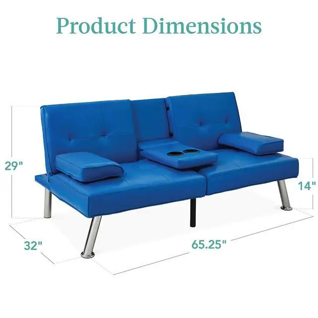 Alt view image 2 of 7 - Faux Leather Upholstered Modern Convertible Futon, Adjustable Folding Sofa Bed, Guest Bed w/Removable Armrests - Royal Blue