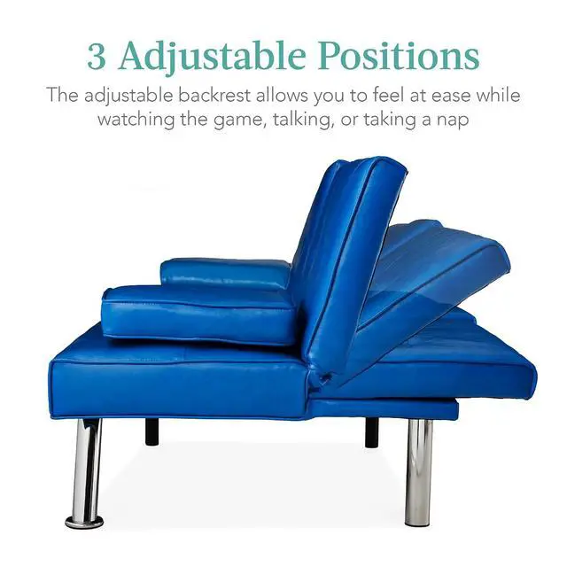 Alt view image 3 of 7 - Faux Leather Upholstered Modern Convertible Futon, Adjustable Folding Sofa Bed, Guest Bed w/Removable Armrests - Royal Blue
