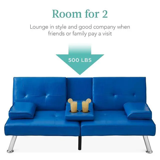 Alt view image 4 of 7 - Faux Leather Upholstered Modern Convertible Futon, Adjustable Folding Sofa Bed, Guest Bed w/Removable Armrests - Royal Blue