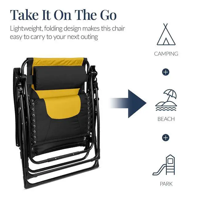 Alt view image 6 of 7 - Oversized Padded Zero Gravity Chair, Folding Outdoor Patio Recliner, XL Anti Gravity Lounger for Backyard w/Headrest, Cup Holder, Side Tray, Polyester Mesh - Black/Yellow