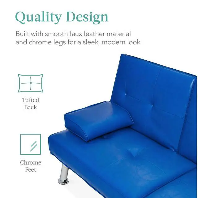Alt view image 6 of 7 - Faux Leather Upholstered Modern Convertible Futon, Adjustable Folding Sofa Bed, Guest Bed w/Removable Armrests - Royal Blue