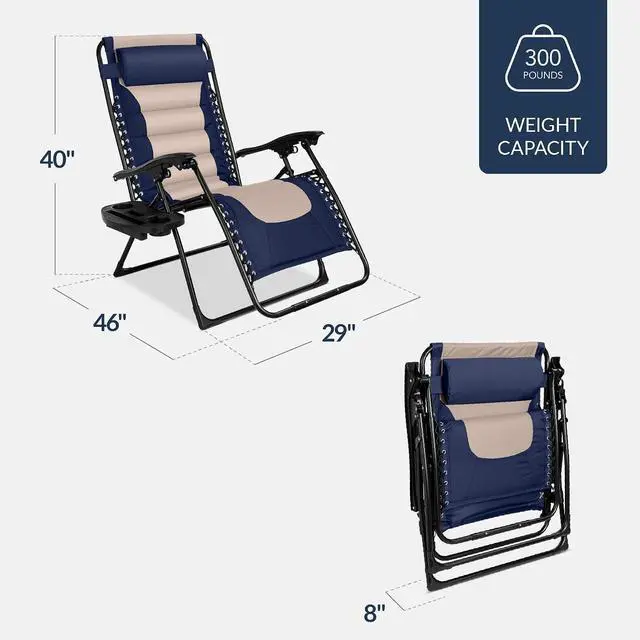 Alt view image 3 of 7 - Oversized Padded Zero Gravity Chair, Folding Outdoor Patio Recliner, XL Anti Gravity Lounger for Backyard w/Headrest, Cup Holder, Side Tray, Polyester Mesh - Navy/Oyster