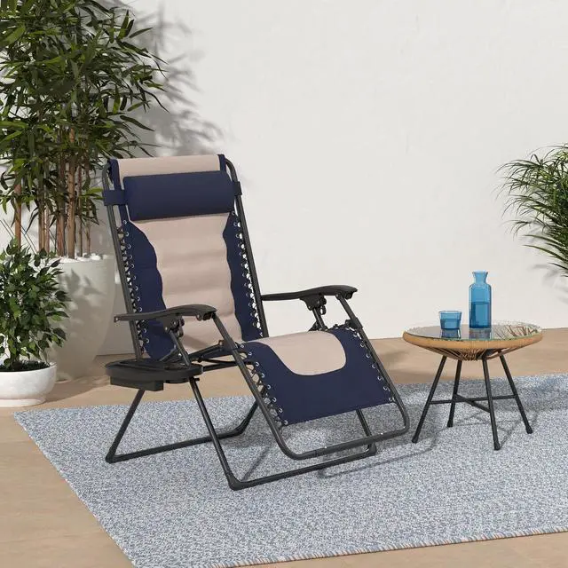 Alt view image 2 of 7 - Oversized Padded Zero Gravity Chair, Folding Outdoor Patio Recliner, XL Anti Gravity Lounger for Backyard w/Headrest, Cup Holder, Side Tray, Polyester Mesh - Navy/Oyster