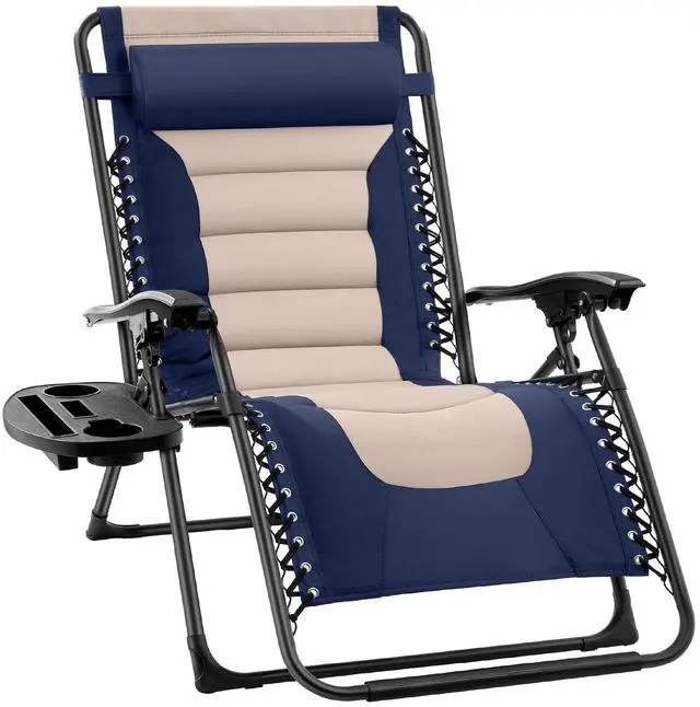 Main image of Oversized Padded Zero Gravity Chair, Folding Outdoor Patio Recliner, XL Anti Gravity Lounger for Backyard w/Headrest, Cup Holder, Side Tray, Polyester Mesh - Navy/Oyster