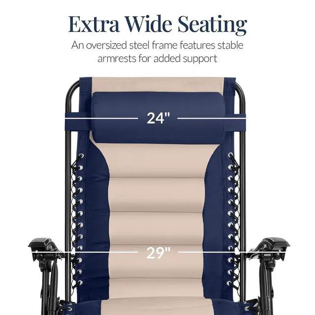 Alt view image 4 of 7 - Oversized Padded Zero Gravity Chair, Folding Outdoor Patio Recliner, XL Anti Gravity Lounger for Backyard w/Headrest, Cup Holder, Side Tray, Polyester Mesh - Navy/Oyster