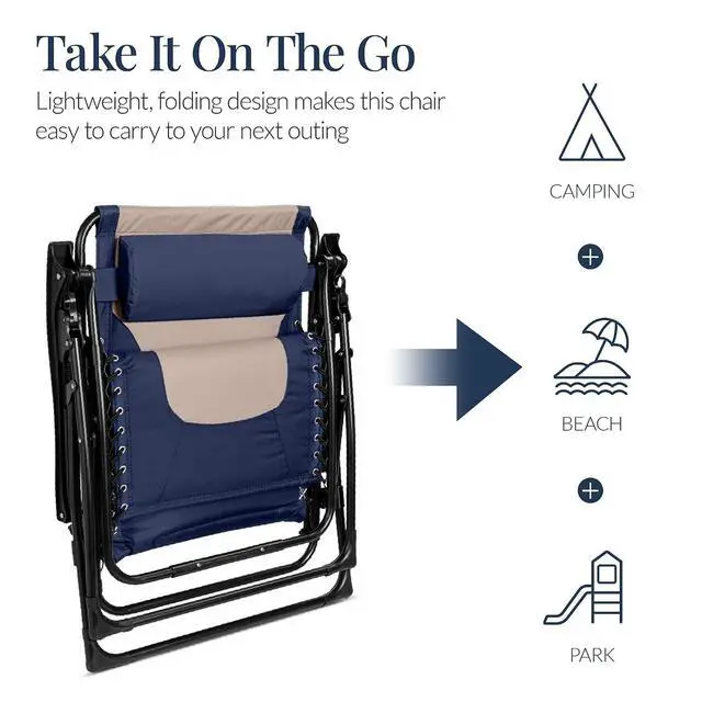 Alt view image 6 of 7 - Oversized Padded Zero Gravity Chair, Folding Outdoor Patio Recliner, XL Anti Gravity Lounger for Backyard w/Headrest, Cup Holder, Side Tray, Polyester Mesh - Navy/Oyster