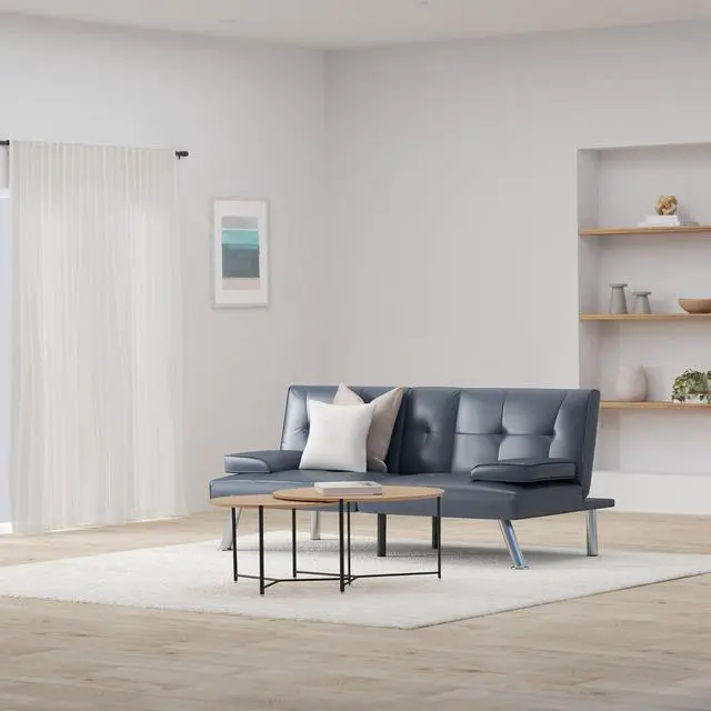 Alt view image 2 of 7 - Faux Leather Upholstered Modern Convertible Futon, Adjustable Folding Sofa Bed, Guest Bed w/Removable Armrests - Blue