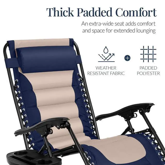Alt view image 5 of 7 - Oversized Padded Zero Gravity Chair, Folding Outdoor Patio Recliner, XL Anti Gravity Lounger for Backyard w/Headrest, Cup Holder, Side Tray, Polyester Mesh - Navy/Oyster