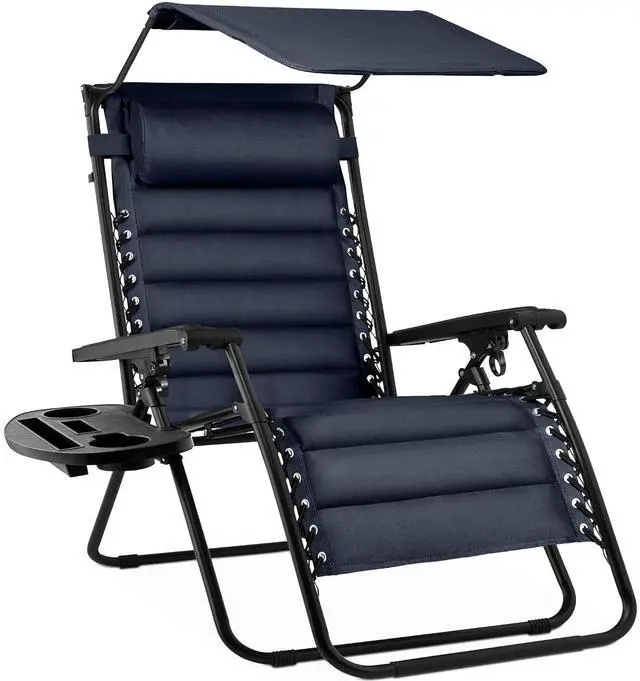 Main image of Oversized Padded Zero Gravity Chair w/Canopy Headrest Cup Holder Side Tray, Folding Outdoor Patio Recliner Lounger - Navy Blue