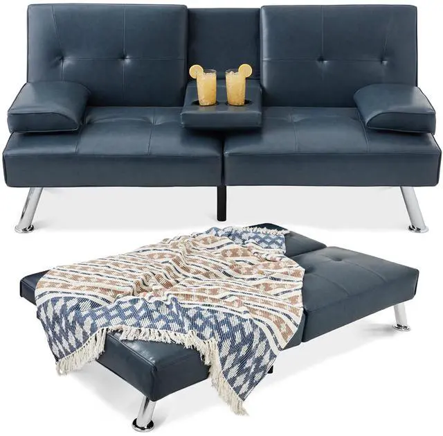 Main image of Faux Leather Upholstered Modern Convertible Futon, Adjustable Folding Sofa Bed, Guest Bed w/Removable Armrests - Blue