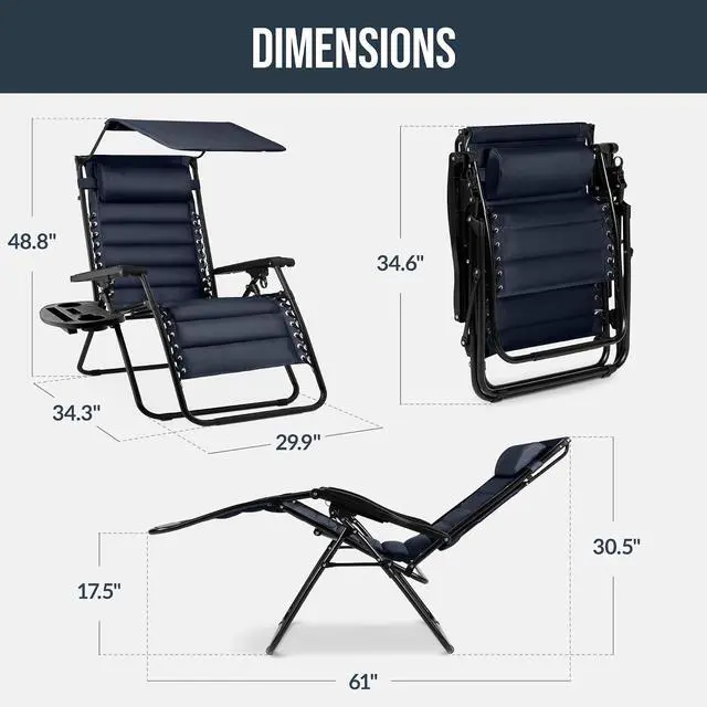 Alt view image 2 of 7 - Oversized Padded Zero Gravity Chair w/Canopy Headrest Cup Holder Side Tray, Folding Outdoor Patio Recliner Lounger - Navy Blue