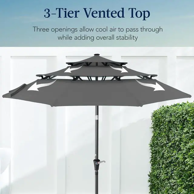Alt view image 3 of 7 - 10ft 3-Tier Market Patio Umbrella, Outdoor Sun Shade with Tilt, Crank Lift, 8 Ribs for Backyard, Deck, Poolside Gray