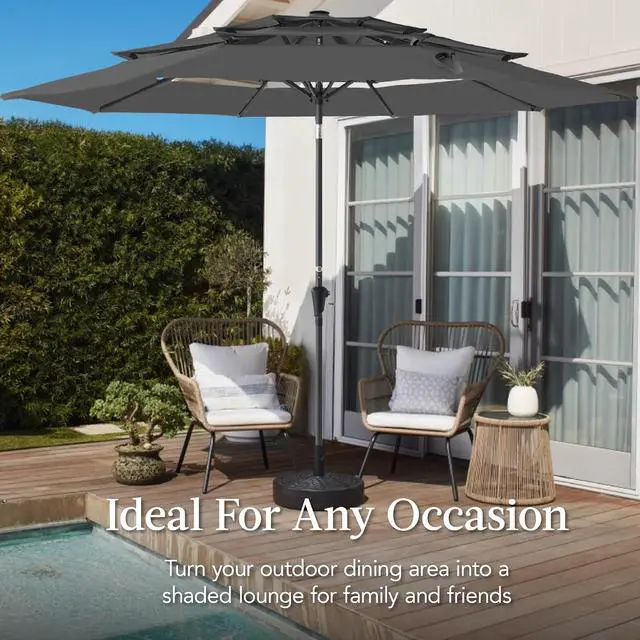 Alt view image 4 of 7 - 10ft 3-Tier Market Patio Umbrella, Outdoor Sun Shade with Tilt, Crank Lift, 8 Ribs for Backyard, Deck, Poolside Gray