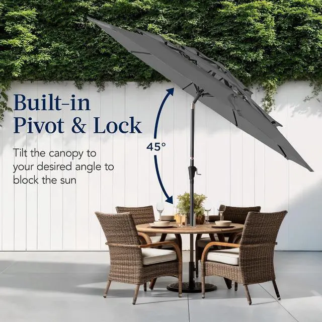 Alt view image 5 of 7 - 10ft 3-Tier Market Patio Umbrella, Outdoor Sun Shade with Tilt, Crank Lift, 8 Ribs for Backyard, Deck, Poolside Gray