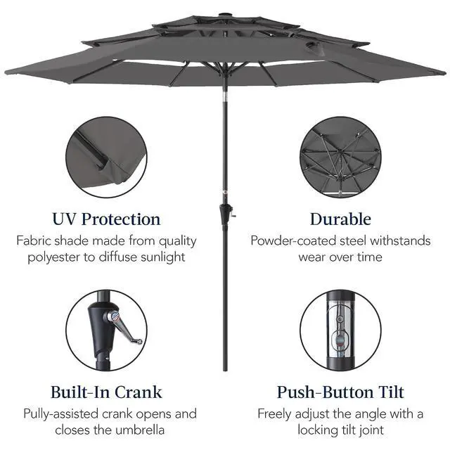 Alt view image 6 of 7 - 10ft 3-Tier Market Patio Umbrella, Outdoor Sun Shade with Tilt, Crank Lift, 8 Ribs for Backyard, Deck, Poolside Gray