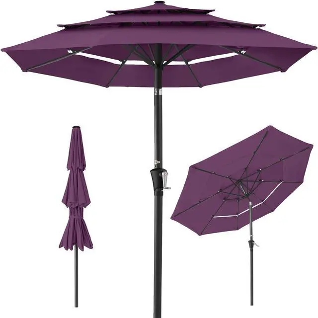Main image of 10ft 3-Tier Market Patio Umbrella, Outdoor Sun Shade with Tilt, Crank Lift, 8 Ribs for Backyard, Deck, Poolside Amethyst Purple