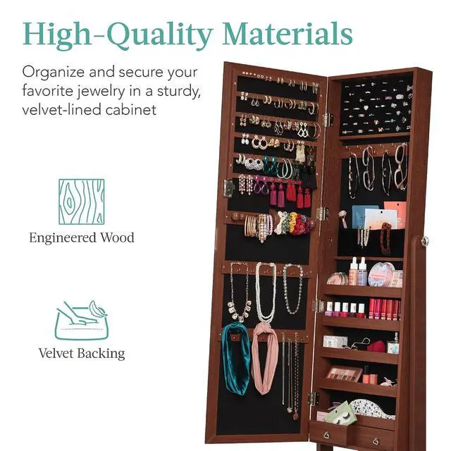 Alt view image 5 of 7 - Freestanding Jewelry Armoire Cabinet, Full Length Standing Mirror, Lockable Makeup Storage Organizer, w/Velvet Lining, 3 Angles, Lock, Accessory Pouch, 5 Shelves - Walnut