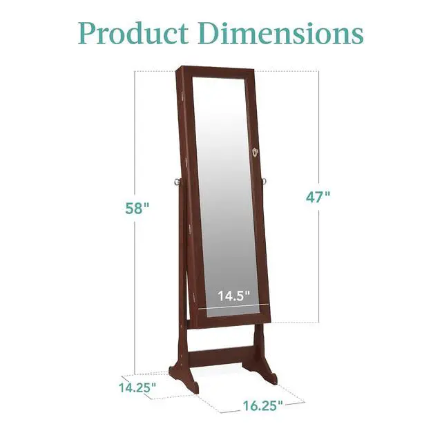 Alt view image 7 of 7 - Freestanding Jewelry Armoire Cabinet, Full Length Standing Mirror, Lockable Makeup Storage Organizer, w/Velvet Lining, 3 Angles, Lock, Accessory Pouch, 5 Shelves - Walnut