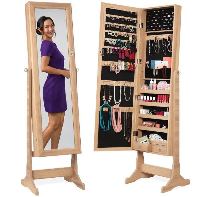 Main image of Freestanding Jewelry Armoire Cabinet, Full Length Standing Mirror, Lockable Makeup Storage Organizer, w/Velvet Lining, 3 Angles, Lock, Accessory Pouch, 5 Shelves - Natural Oak