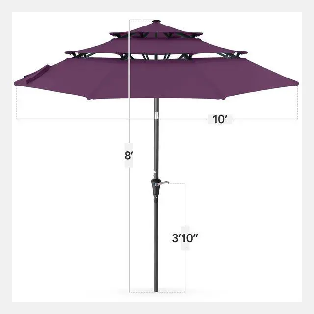 Alt view image 2 of 7 - 10ft 3-Tier Market Patio Umbrella, Outdoor Sun Shade with Tilt, Crank Lift, 8 Ribs for Backyard, Deck, Poolside Amethyst Purple
