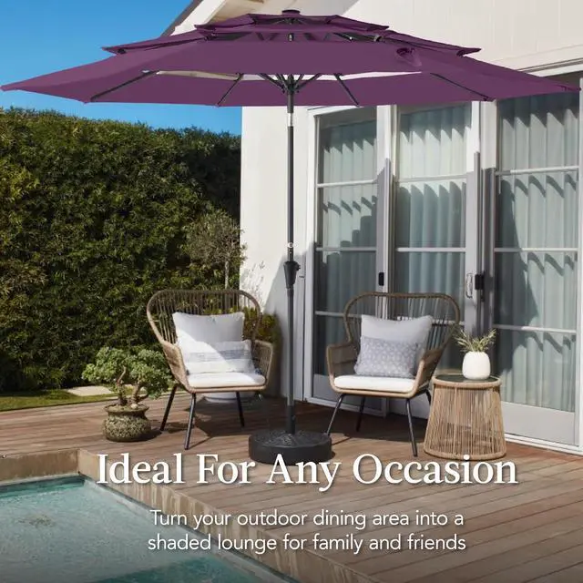 Alt view image 4 of 7 - 10ft 3-Tier Market Patio Umbrella, Outdoor Sun Shade with Tilt, Crank Lift, 8 Ribs for Backyard, Deck, Poolside Amethyst Purple
