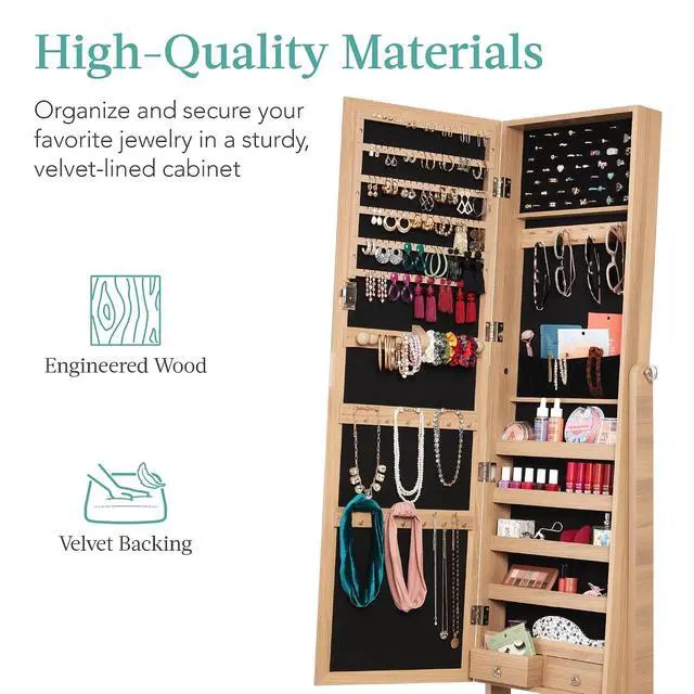 Alt view image 5 of 7 - Freestanding Jewelry Armoire Cabinet, Full Length Standing Mirror, Lockable Makeup Storage Organizer, w/Velvet Lining, 3 Angles, Lock, Accessory Pouch, 5 Shelves - Natural Oak