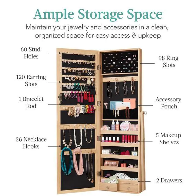 Alt view image 2 of 7 - Freestanding Jewelry Armoire Cabinet, Full Length Standing Mirror, Lockable Makeup Storage Organizer, w/Velvet Lining, 3 Angles, Lock, Accessory Pouch, 5 Shelves - Natural Oak