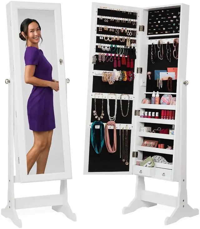 Main image of Freestanding Jewelry Armoire Cabinet, Full Length Standing Mirror, Lockable Makeup Storage Organizer, w/Velvet Lining, 3 Angles, Lock, Accessory Pouch, 5 Shelves - White