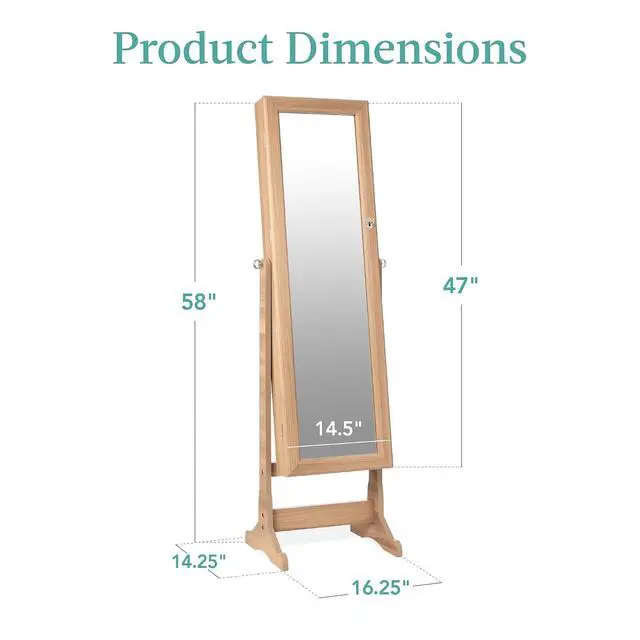 Alt view image 7 of 7 - Freestanding Jewelry Armoire Cabinet, Full Length Standing Mirror, Lockable Makeup Storage Organizer, w/Velvet Lining, 3 Angles, Lock, Accessory Pouch, 5 Shelves - Natural Oak