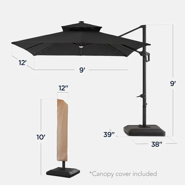 Alt view image 2 of 7 - 9x12ft LED Cantilever Patio Umbrella w/Base Included & 360° Rotation, Large Solar Offset Hanging Outdoor Sun Shade for Deck, Backyard Table w/Stand & Lights Gray