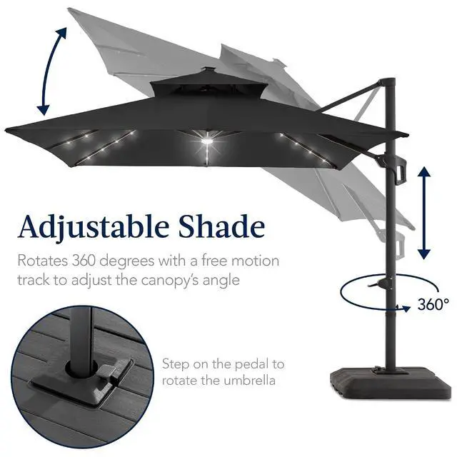 Alt view image 5 of 7 - 9x12ft LED Cantilever Patio Umbrella w/Base Included & 360° Rotation, Large Solar Offset Hanging Outdoor Sun Shade for Deck, Backyard Table w/Stand & Lights Gray