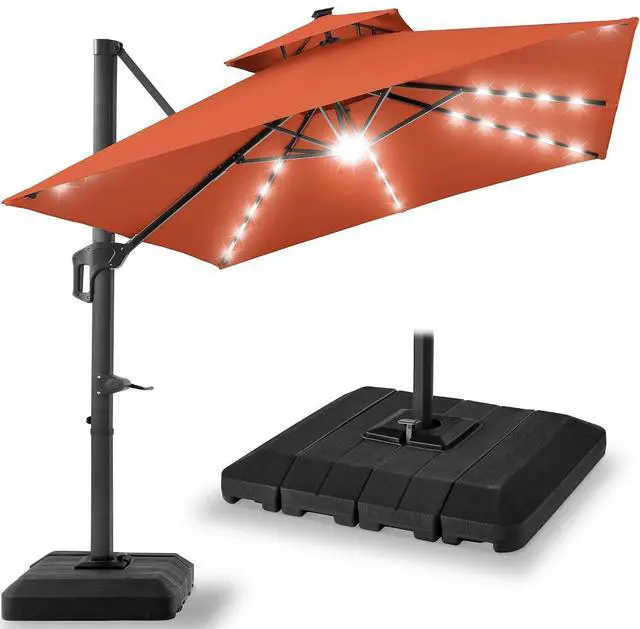 Main image of 10x10ft Cantilever Patio Umbrella w/Base Included, Solar LED Lights 360 Rotation Large Offset Hanging Outdoor Shade for Deck Pool Backyard w/Stand Rust