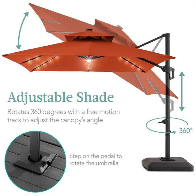 Alt view image 4 of 7 - 10x10ft Cantilever Patio Umbrella w/Base Included, Solar LED Lights 360 Rotation Large Offset Hanging Outdoor Shade for Deck Pool Backyard w/Stand Rust