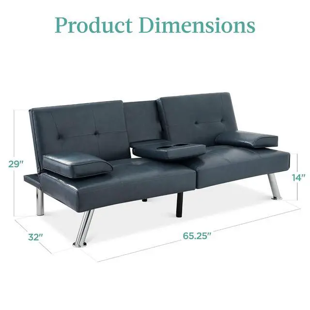 Alt view image 3 of 7 - Faux Leather Upholstered Modern Convertible Futon, Adjustable Folding Sofa Bed, Guest Bed w/Removable Armrests - Blue