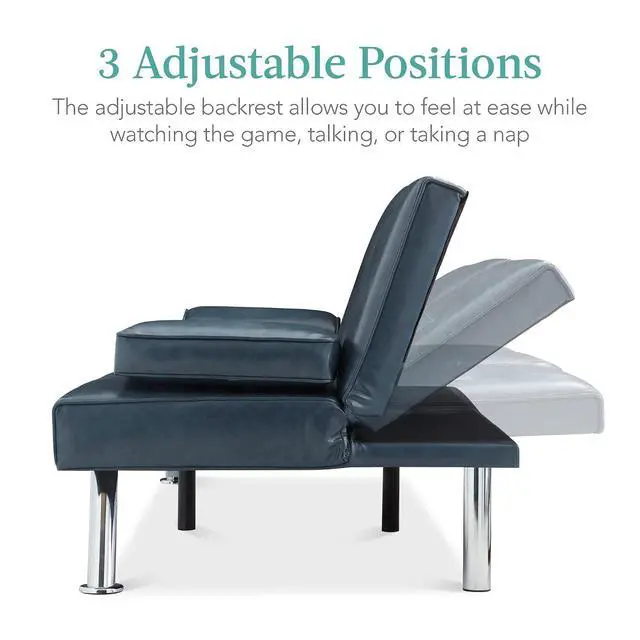 Alt view image 4 of 7 - Faux Leather Upholstered Modern Convertible Futon, Adjustable Folding Sofa Bed, Guest Bed w/Removable Armrests - Blue