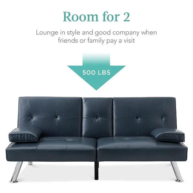 Alt view image 5 of 7 - Faux Leather Upholstered Modern Convertible Futon, Adjustable Folding Sofa Bed, Guest Bed w/Removable Armrests - Blue