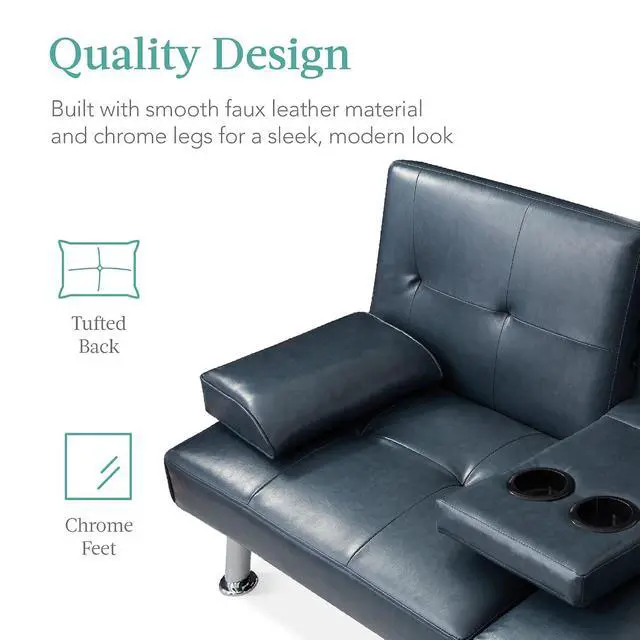 Alt view image 7 of 7 - Faux Leather Upholstered Modern Convertible Futon, Adjustable Folding Sofa Bed, Guest Bed w/Removable Armrests - Blue