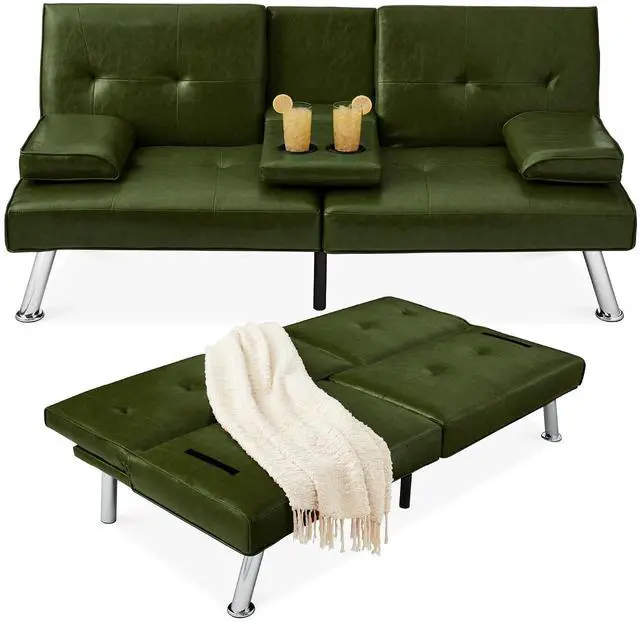 Main image of Faux Leather Upholstered Modern Convertible Futon, Adjustable Folding Sofa Bed, Guest Bed w/Removable Armrests - Dark Green