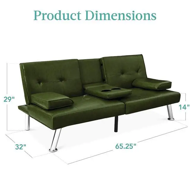 Alt view image 3 of 7 - Faux Leather Upholstered Modern Convertible Futon, Adjustable Folding Sofa Bed, Guest Bed w/Removable Armrests - Dark Green