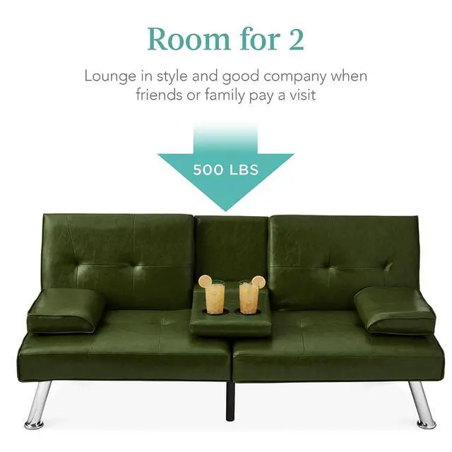 Alt view image 5 of 7 - Faux Leather Upholstered Modern Convertible Futon, Adjustable Folding Sofa Bed, Guest Bed w/Removable Armrests - Dark Green