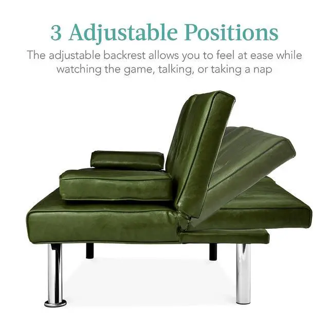 Alt view image 4 of 7 - Faux Leather Upholstered Modern Convertible Futon, Adjustable Folding Sofa Bed, Guest Bed w/Removable Armrests - Dark Green