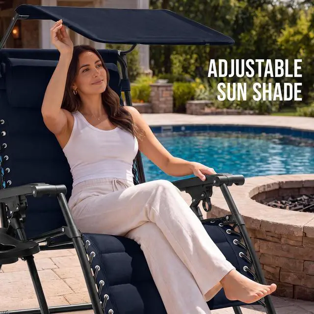 Alt view image 4 of 7 - Oversized Padded Zero Gravity Chair w/Canopy Headrest Cup Holder Side Tray, Folding Outdoor Patio Recliner Lounger - Navy Blue