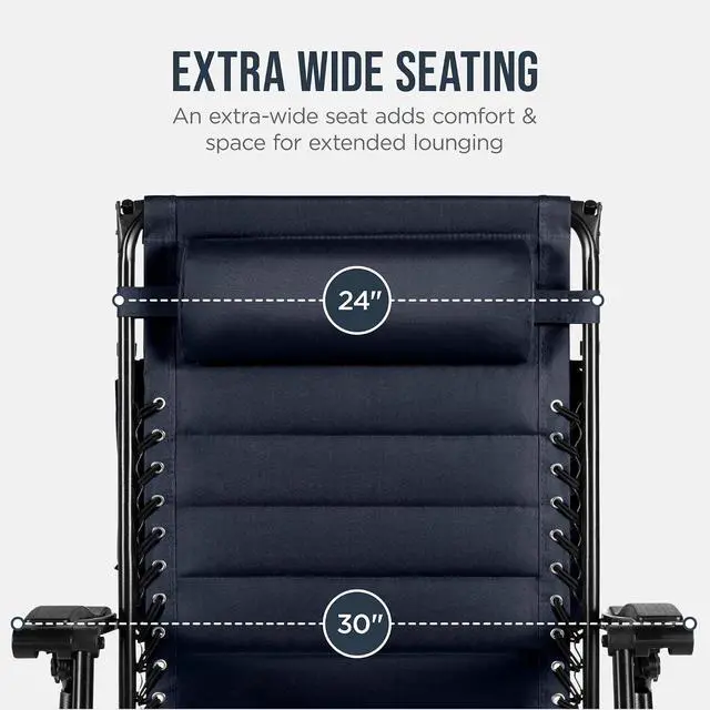 Alt view image 5 of 7 - Oversized Padded Zero Gravity Chair w/Canopy Headrest Cup Holder Side Tray, Folding Outdoor Patio Recliner Lounger - Navy Blue